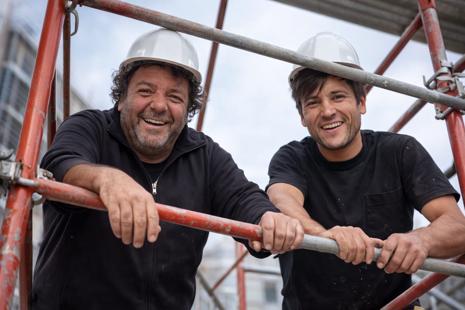 El equipo de Andamios Córdoba sobre andamios rojos en obra